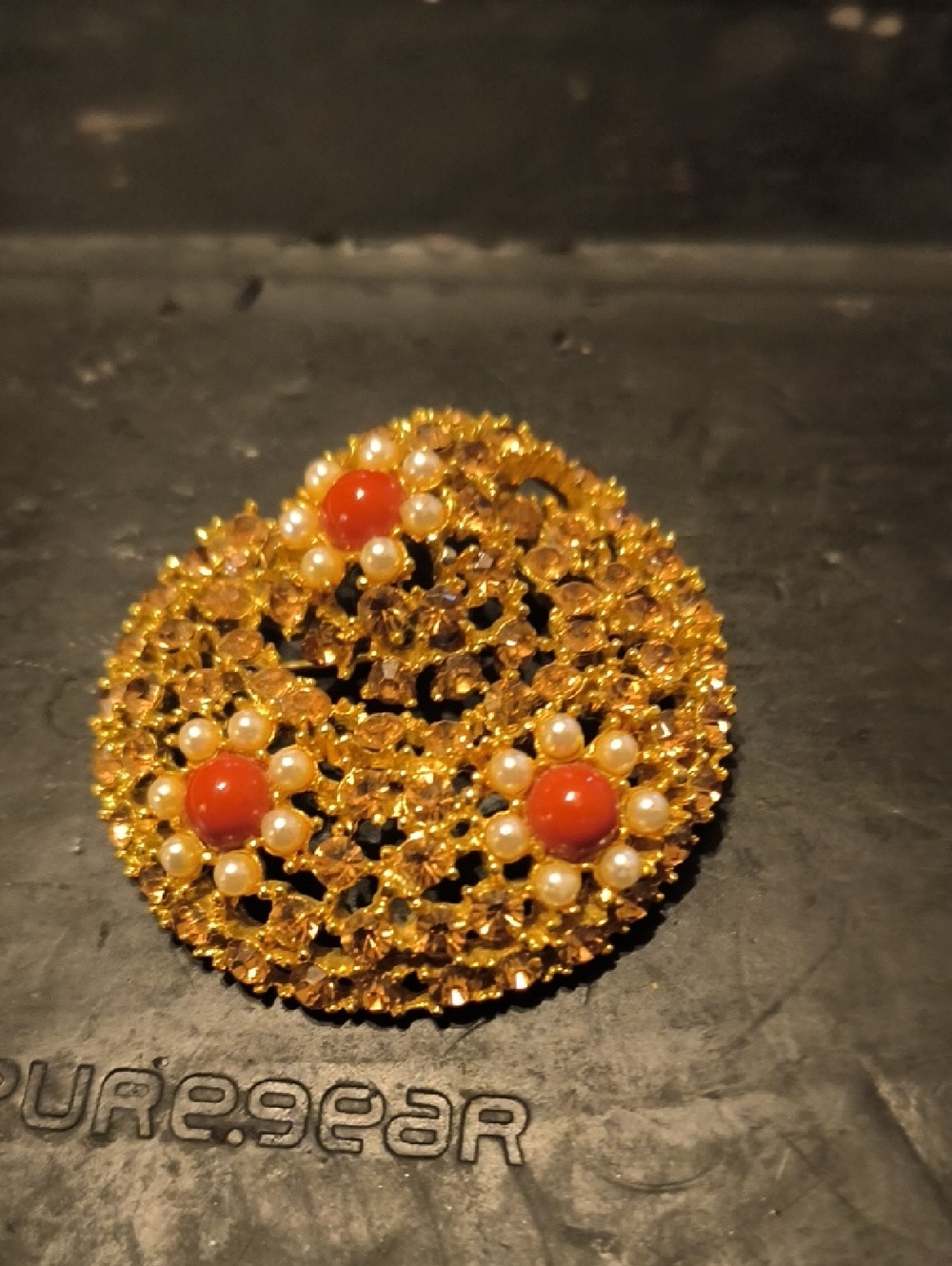 Albert Weiss Gold-Tone Filigree Brooch with Coral Cabochons and Pearls